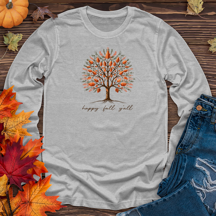 Retro Checkered Fall Patterns Tree Long Sleeve Tee