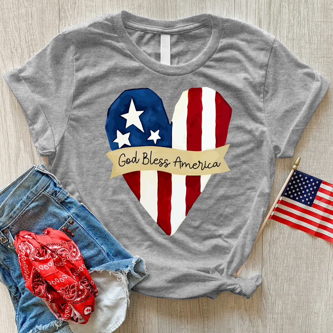 God Bless America Striped Heart Heathered Tee