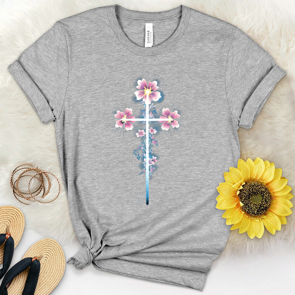 Pink Flowers Cross Heathered Tee