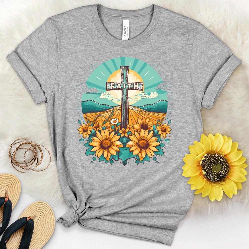 Faith Cross Sunflower Scene Heathered Tee