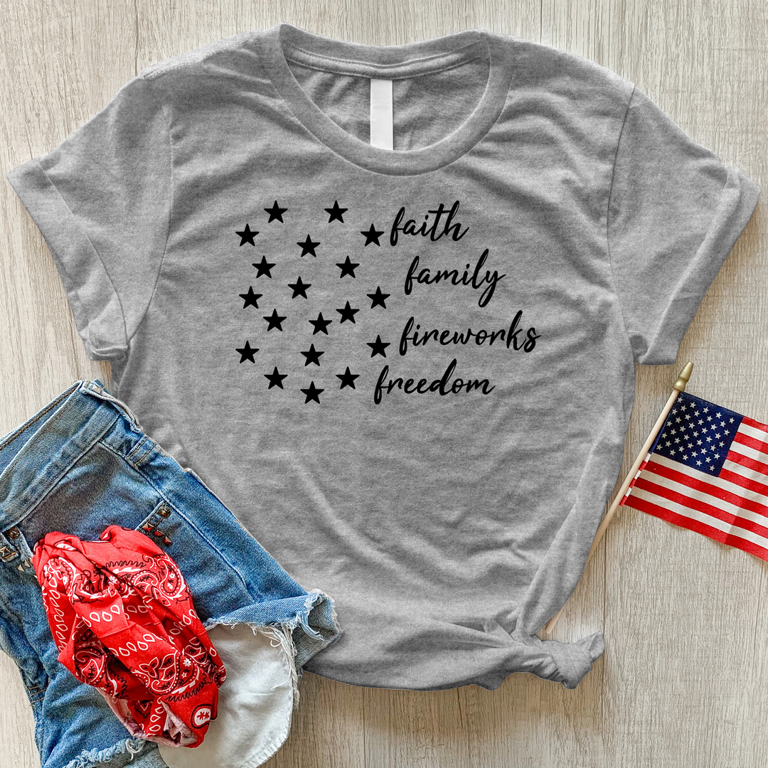 Faith Family Fireworks Stars Heathered Tee