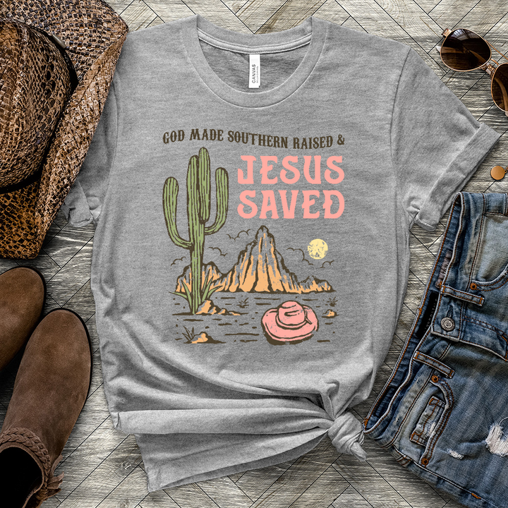 Southern Raised Jesus Saved Heathered Tee