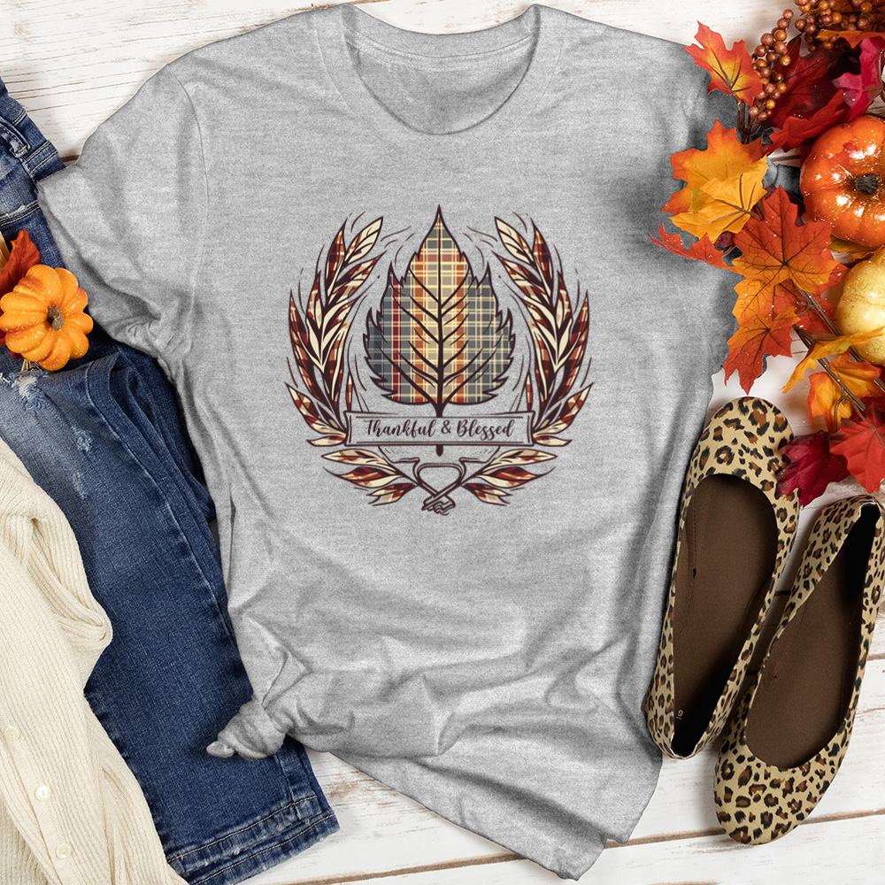 Thankful Blessed Plaid Leaf Trio Heathered Tee