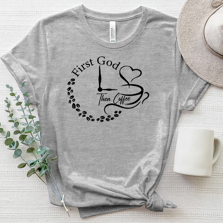 First God Then Coffee Clock Heathered Tee