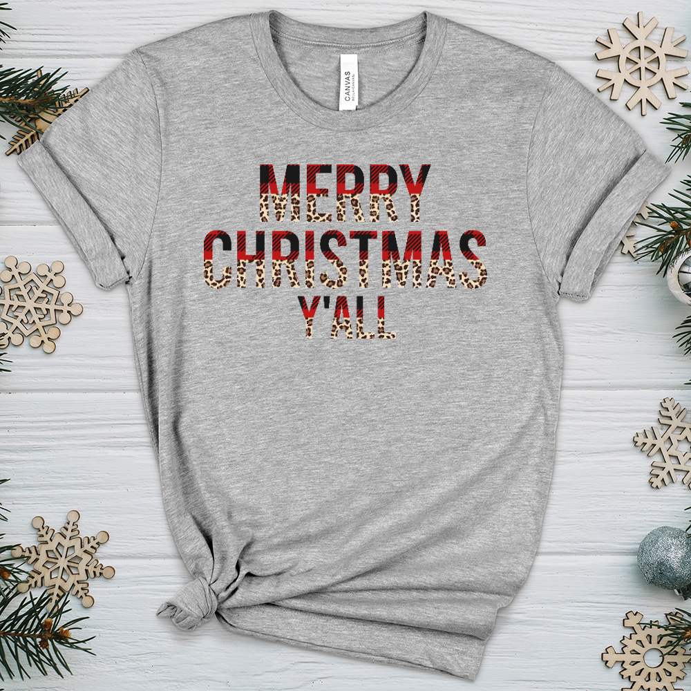 Merry Christmas Y'all Leopard Letters Heathered Tee