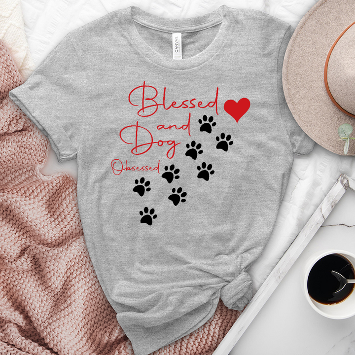 Blessed and Dod Obsessed Paw Print Heathered Tee