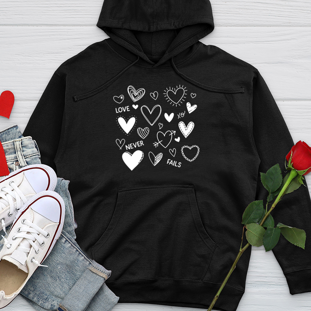 Love Never Fails Assorted Hearts Midweight Hooded Sweatshirt