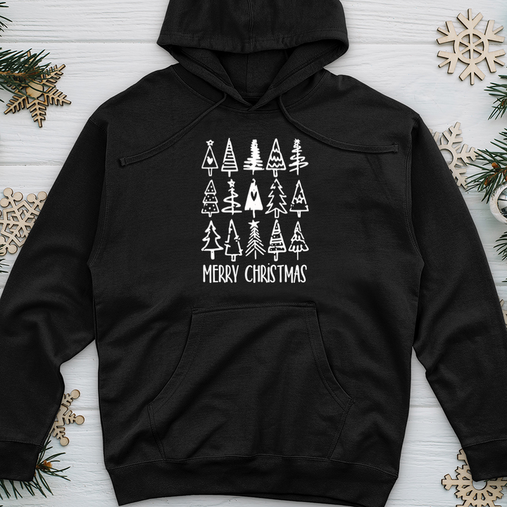 Merry Christmas Tree Pattern Midweight Hooded Sweatshirt