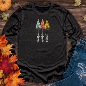 Retro Gratitude Trio Pine Trees Long Sleeve Tee