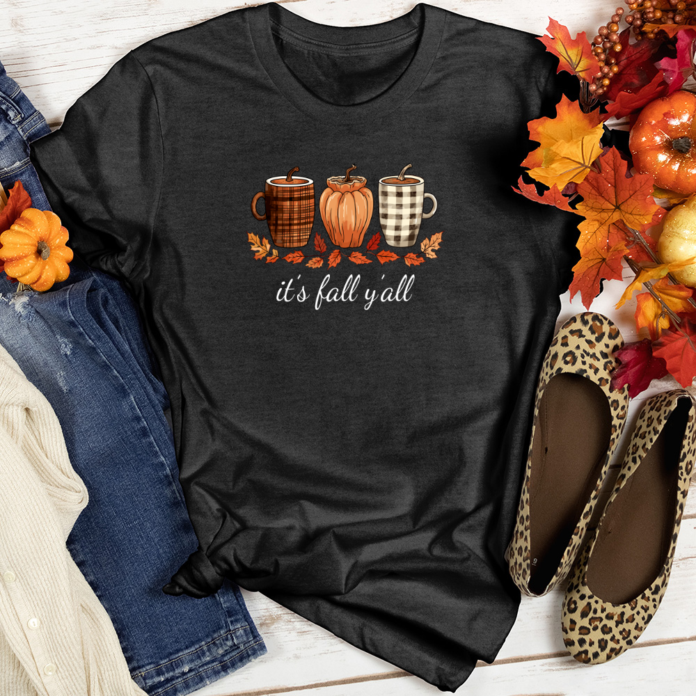 It's Fall Plaid Coffee Cups Heathered Tee