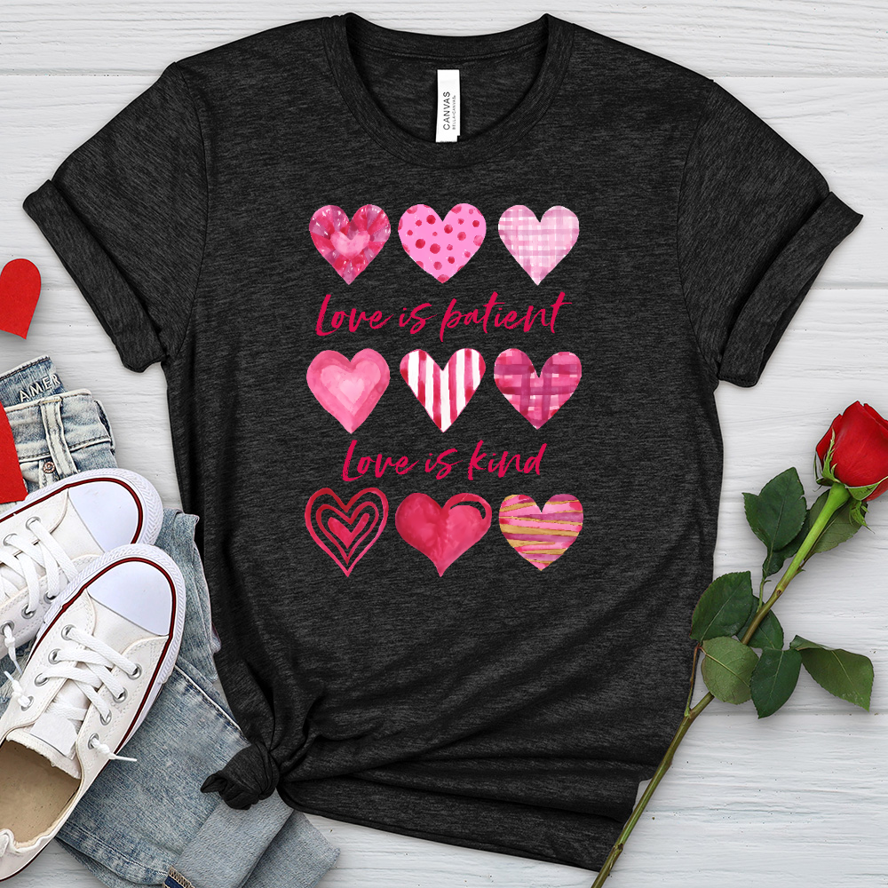 Pink Hearts Love Is Patient Heathered Tee