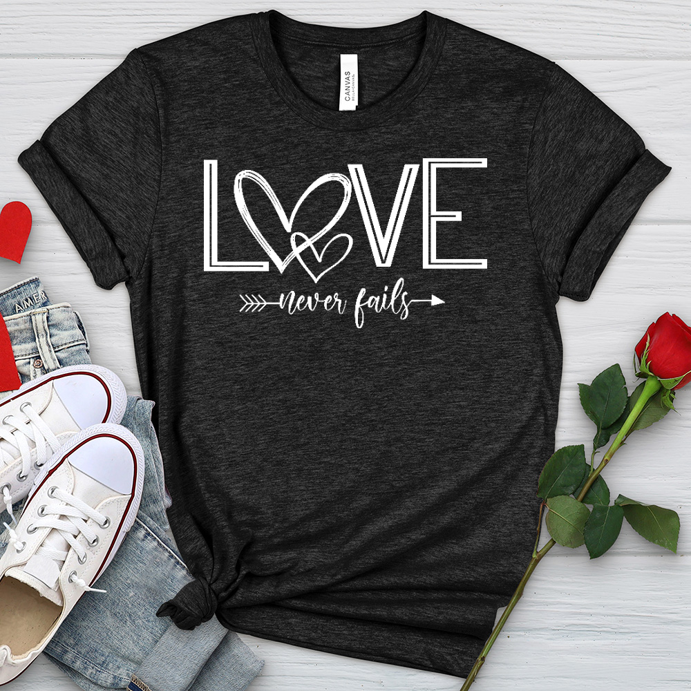 Love Never Fails Heart Arrow Heathered Tee