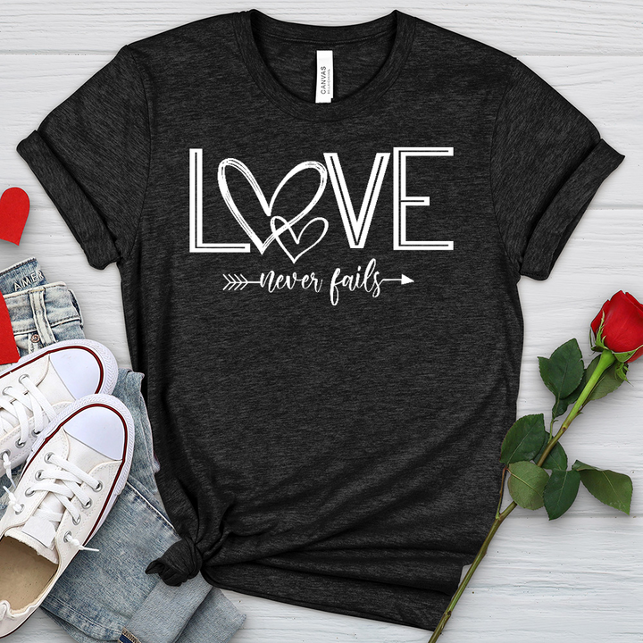 Love Never Fails Heart Arrow Heathered Tee