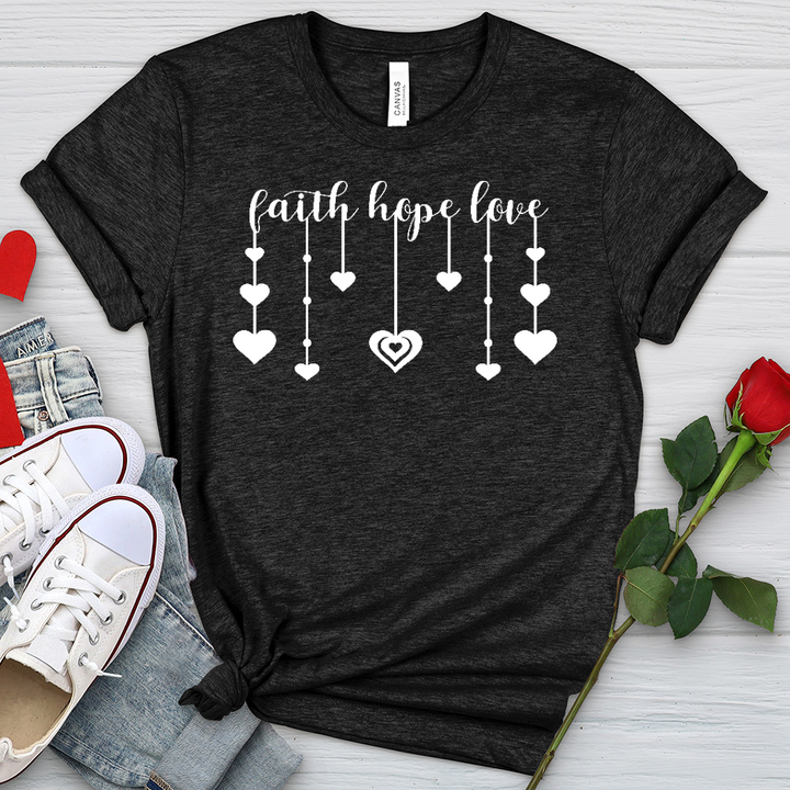 Faith Hope Love Dangling Hearts Heathered Tee