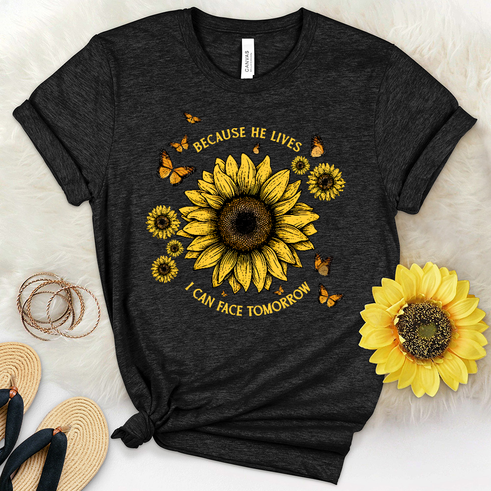 Because He Lives Sunflower Butterflies Heathered Tee