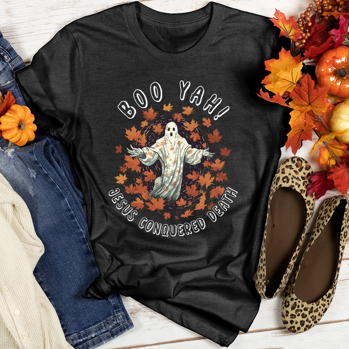 Boo Yah Jesus Conquered Heathered Tee