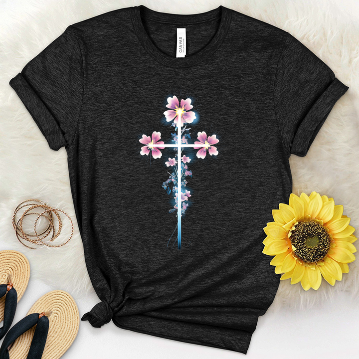 Pink Flowers Cross Heathered Tee