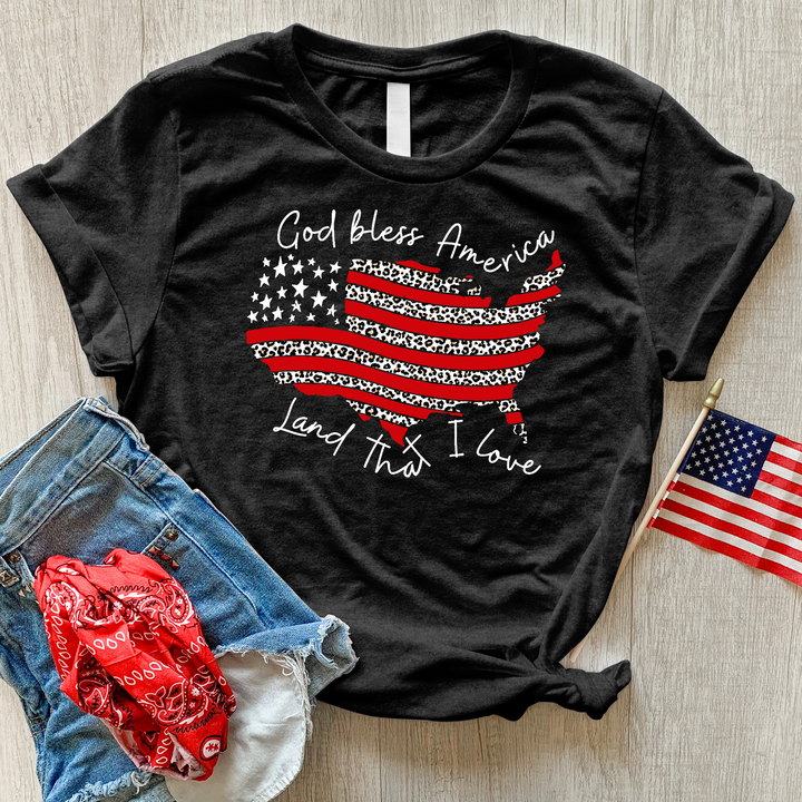 God Bless America Leopard Heathered Tee