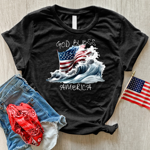 Waving American Flag With Ocean Waves Heathered Tee