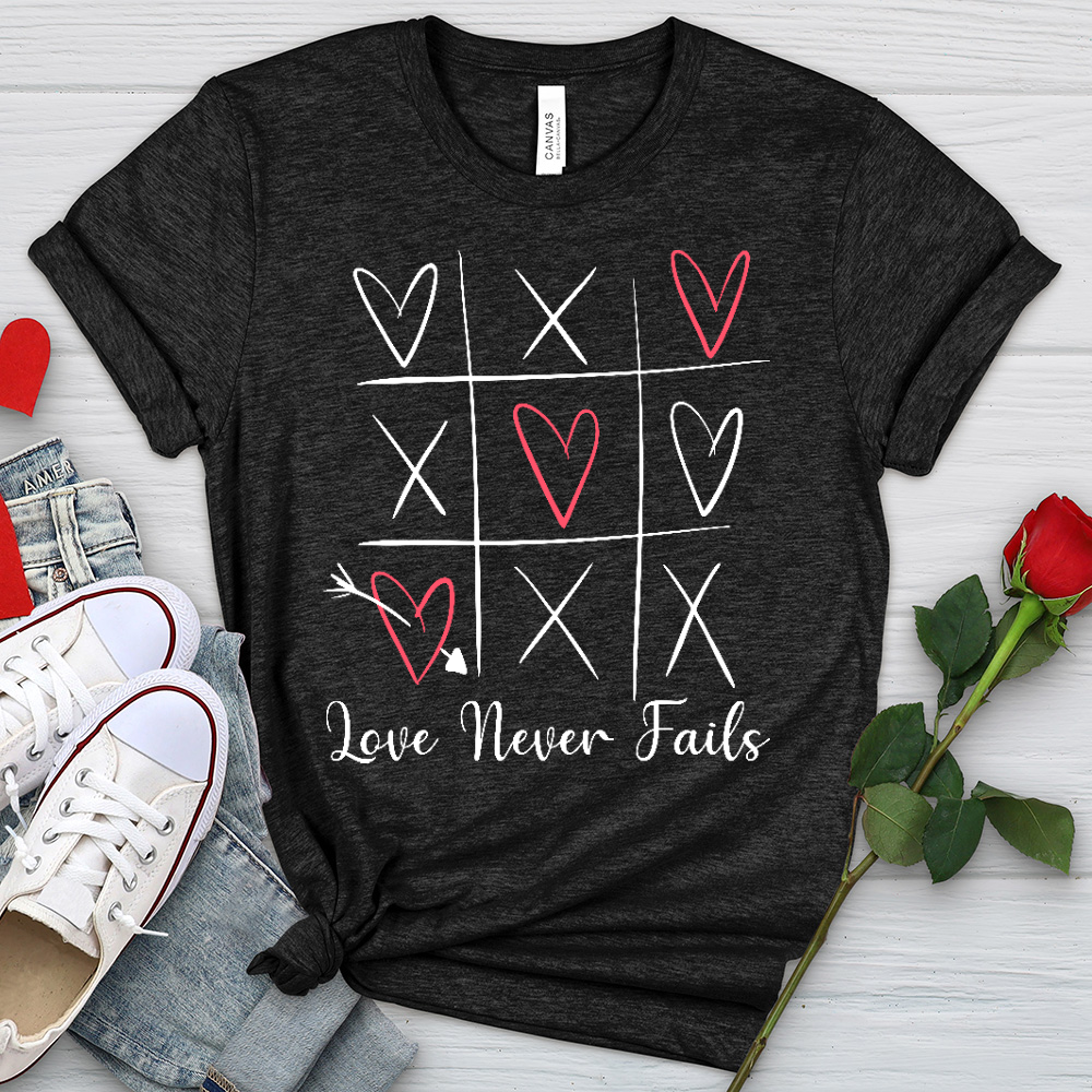 Love Never Fails Tic Tac Toe Heathered Tee