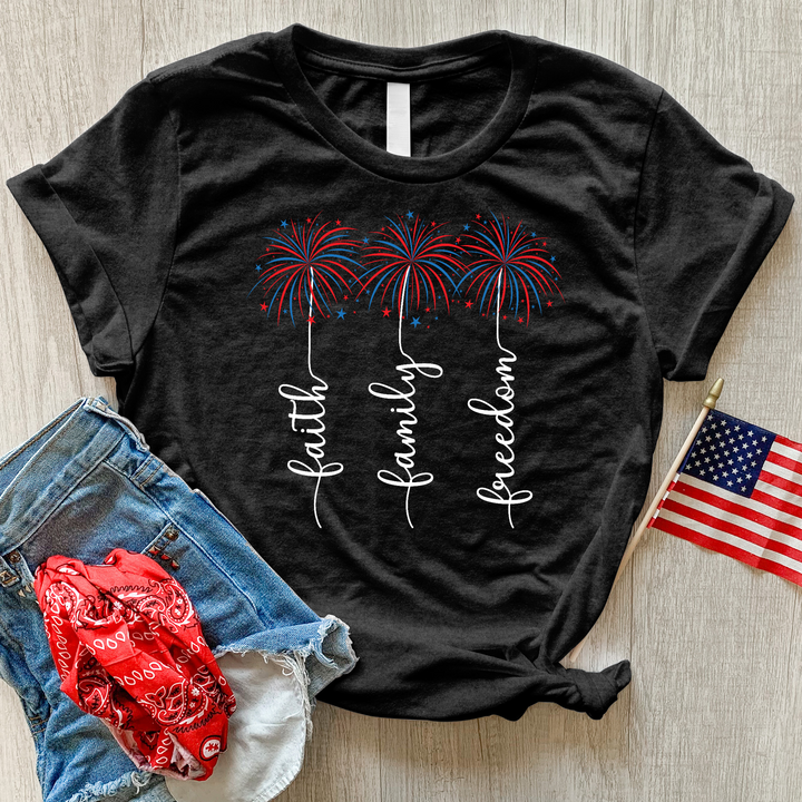 Faith Family Fireworks Art Heathered Tee