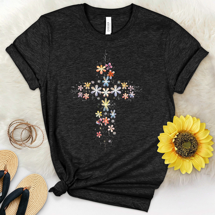 Blooming Flowers Cross Heathered Tee