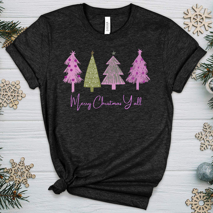 Merry Christmas Y'all Pink Trees Heathered Tee