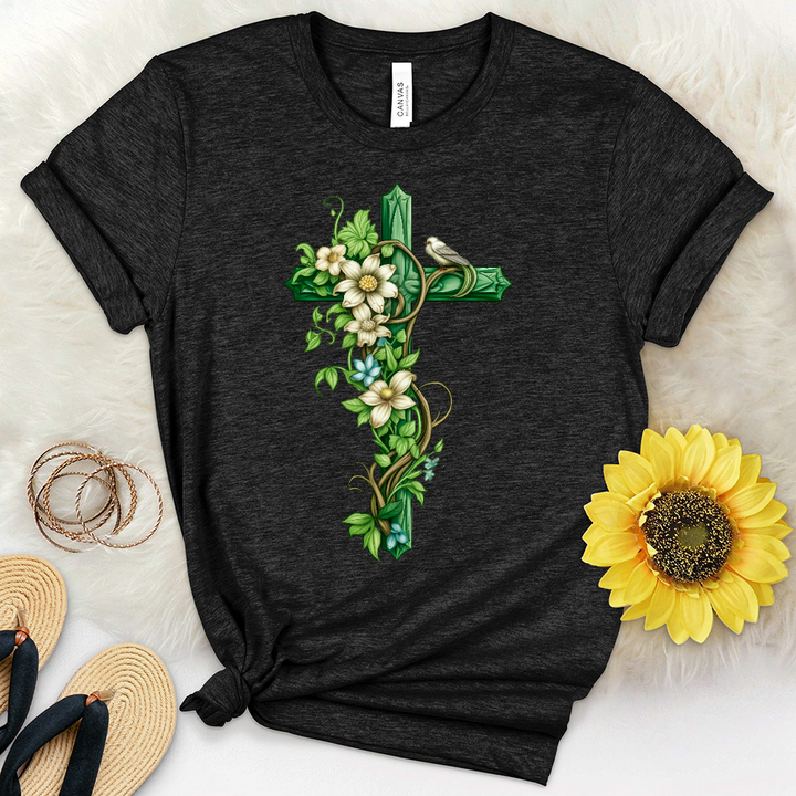 Green Cross Vines and Bird Heathered Tee