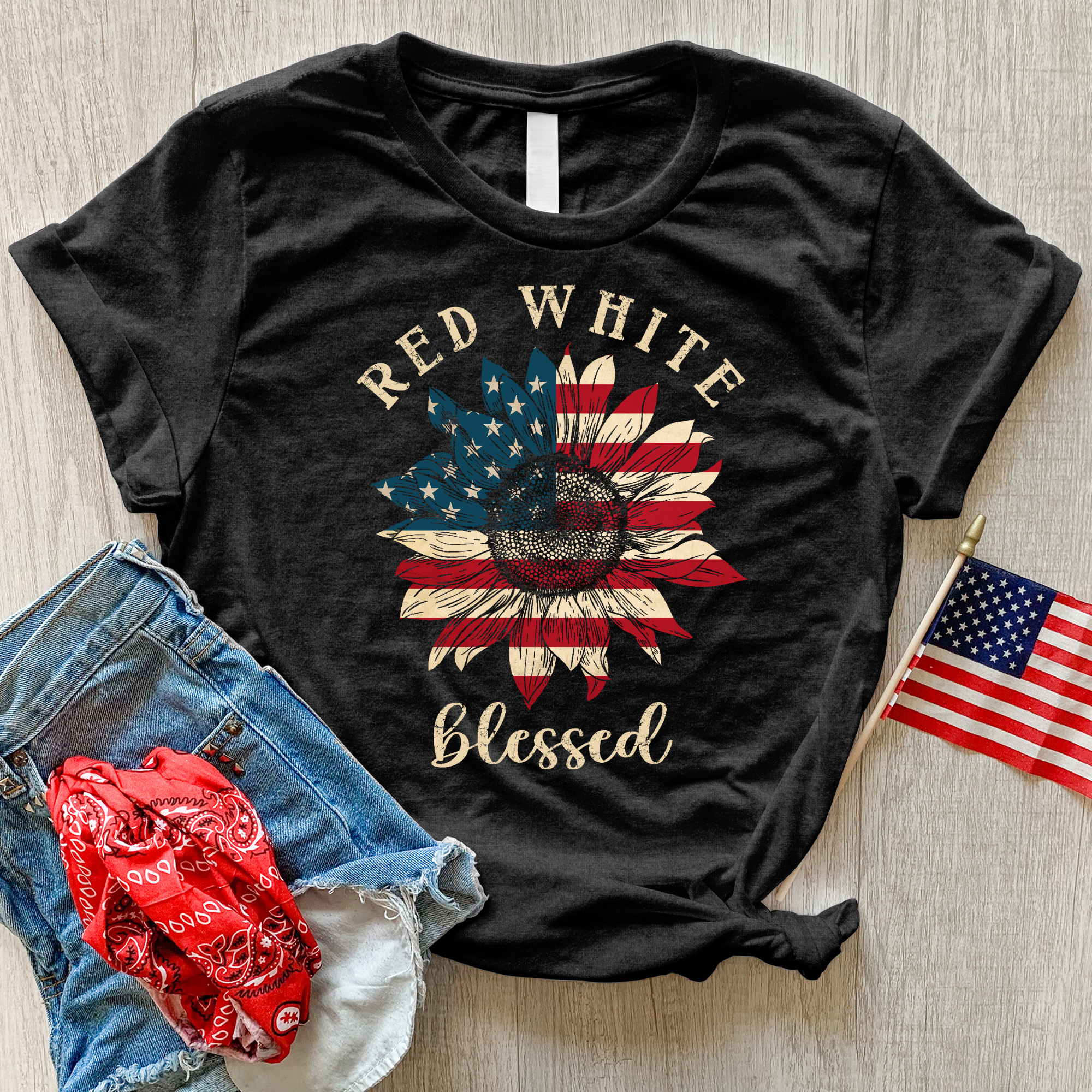 Red White Blessed Sunflower Heathered Tee