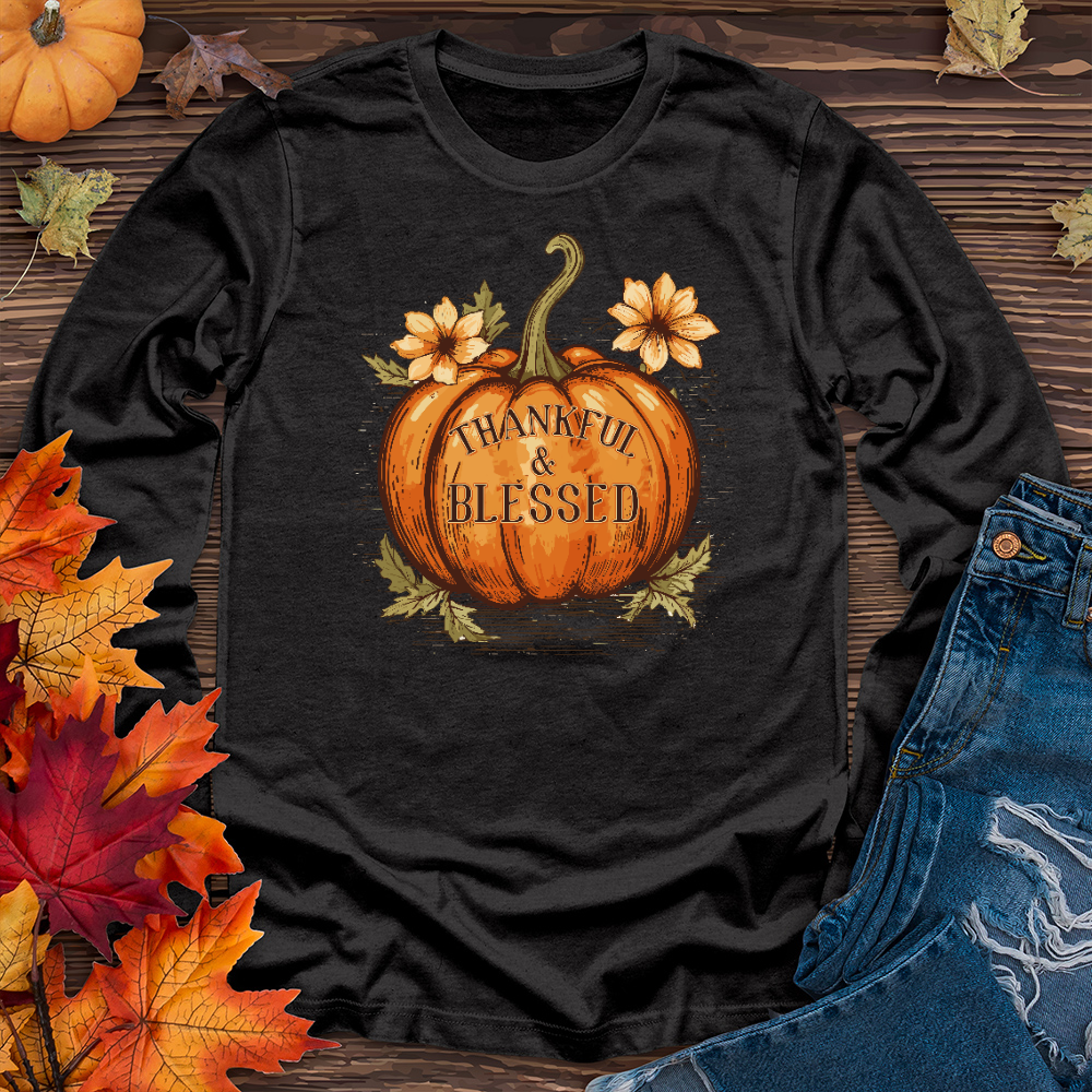 Thankful & Blessed Floral Pumpkin Long Sleeve Tee