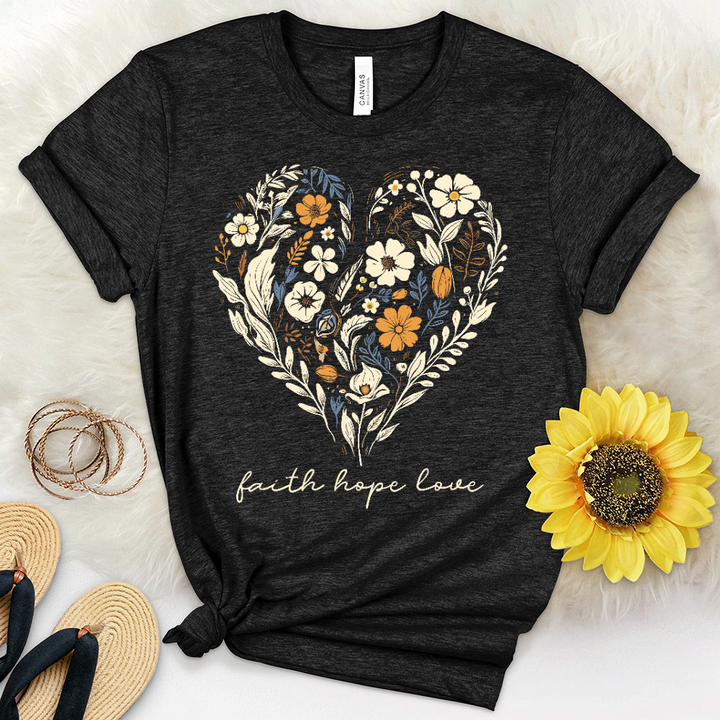 Faith Hope Love Golden Flower Pattern Heathered Tee