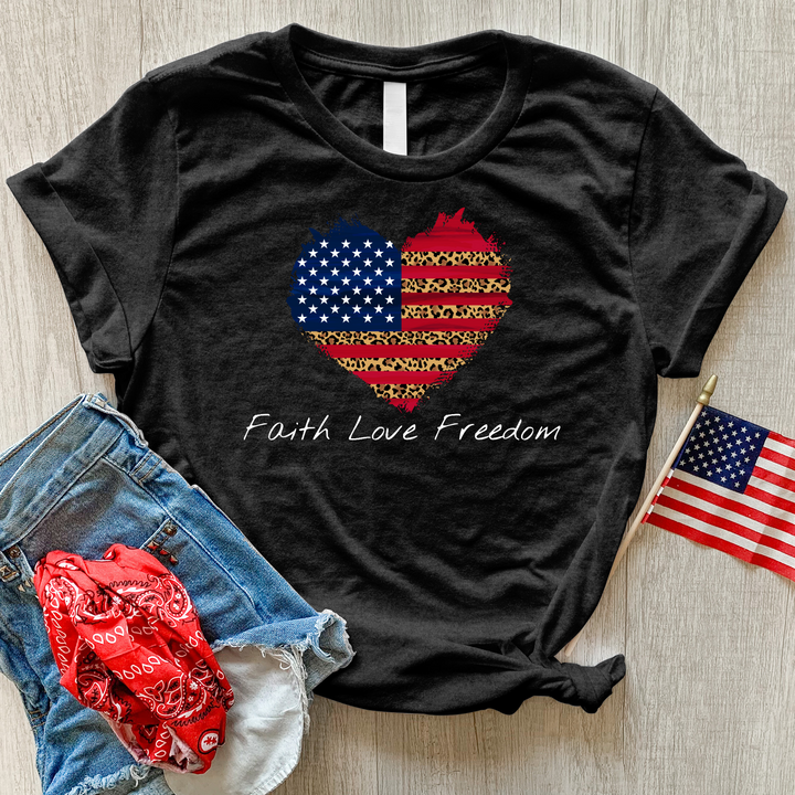 Faith Love Freedom Leopard Heart Heathered Tee