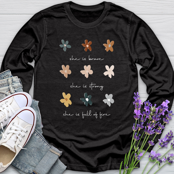 She Is Brave Flower Pattern  Long Sleeve Tee