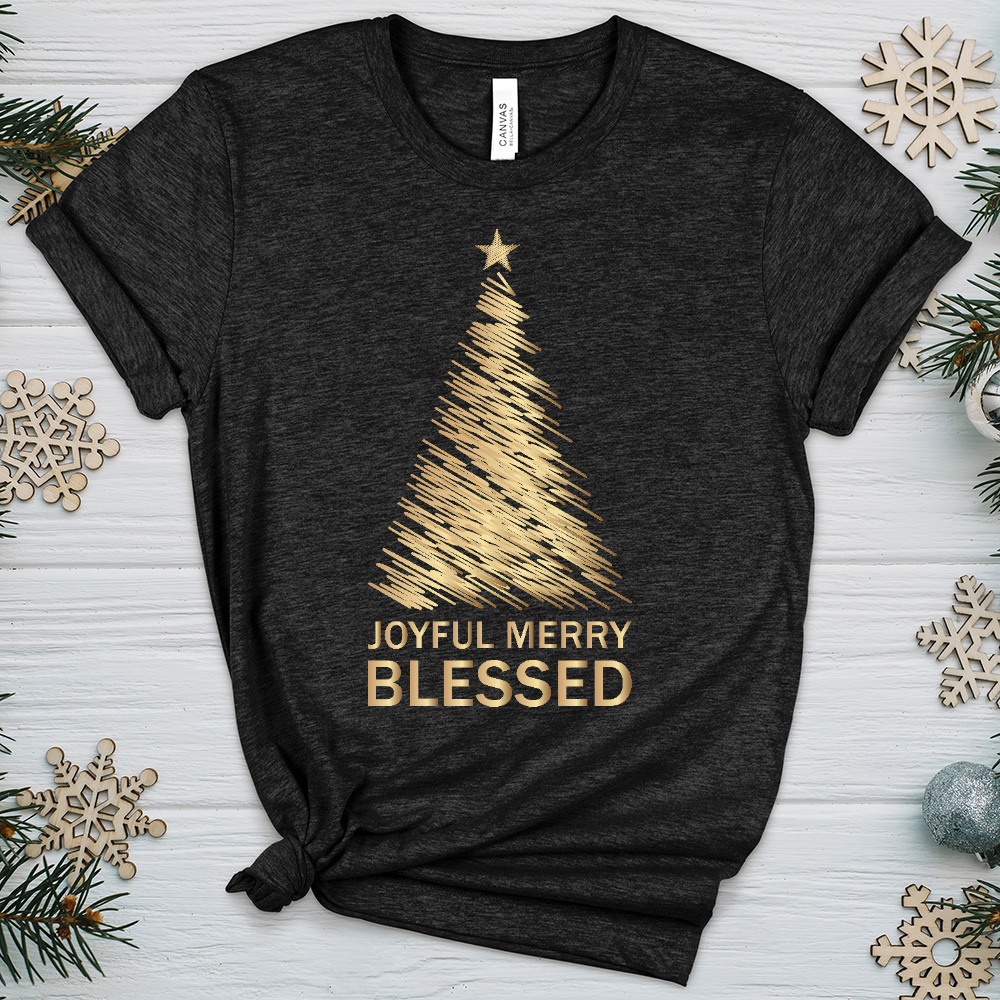 Joyful Merry Blessed Gold Tree Heathered Tee