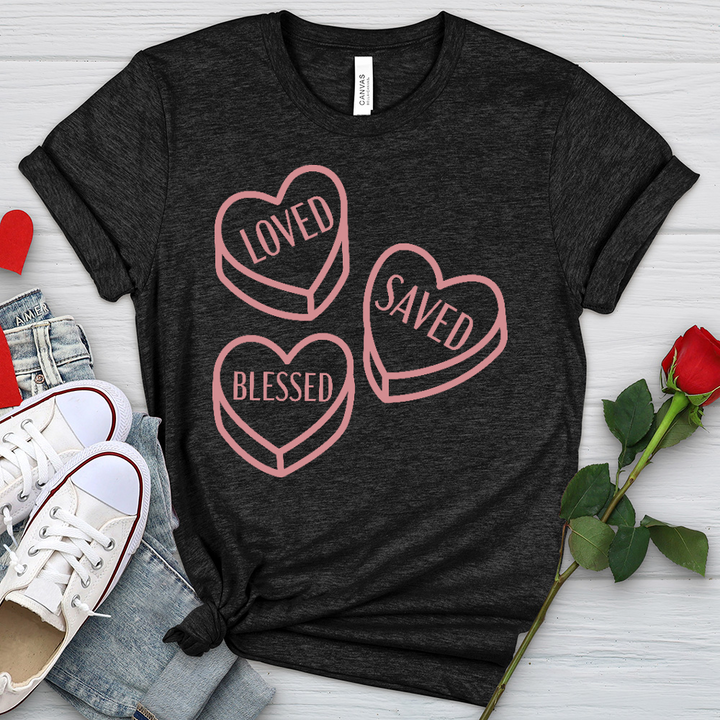 Loved Saved Blessed Candy Heathered Tee