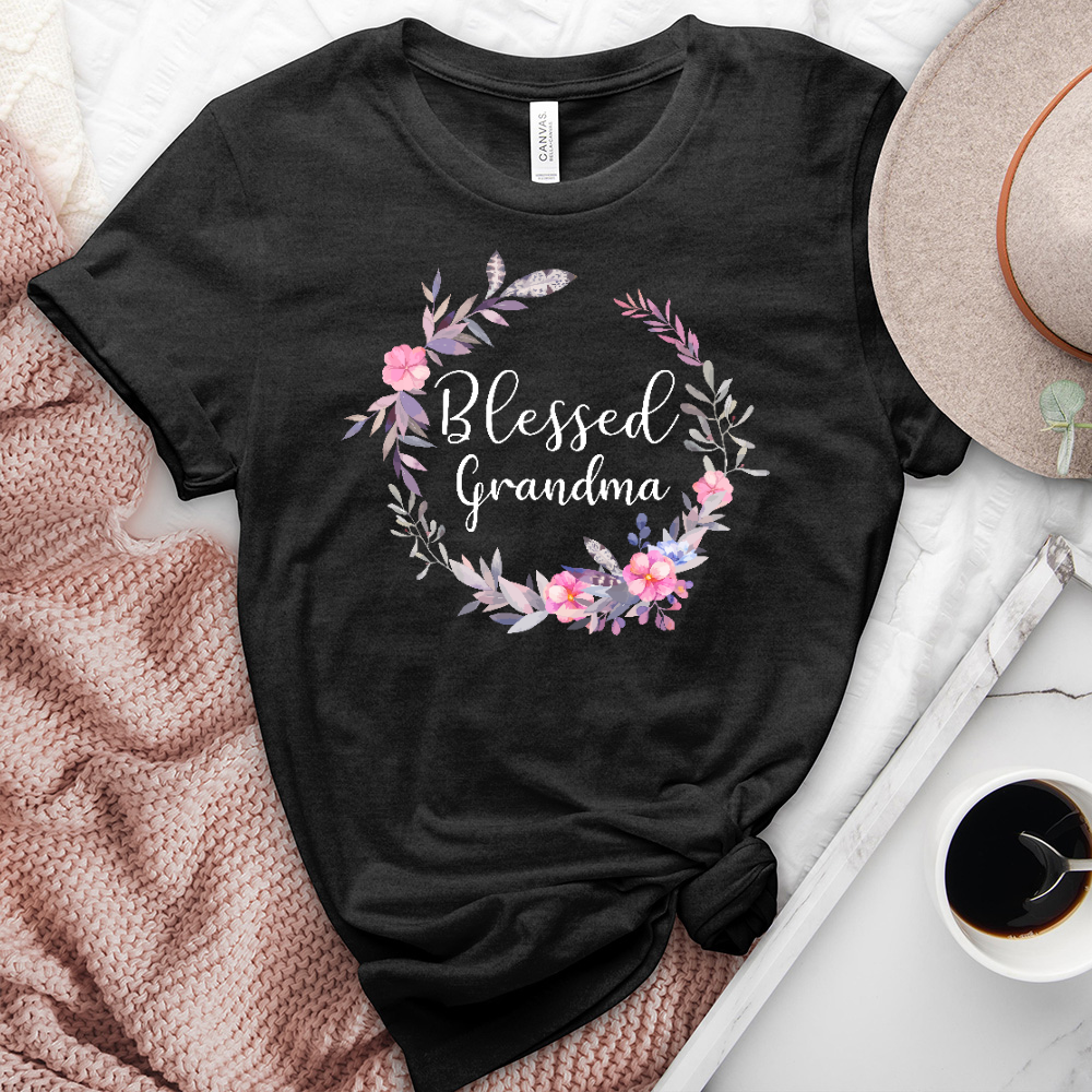 Blessed Grandma Pink Wreath Heathered Tee