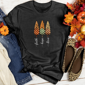 Faith Hope Love Plaid Trio Pine Trees Heathered Tee