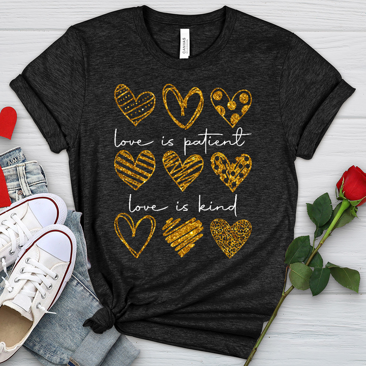 Love Is Patient Gold Hearts Heathered Tee