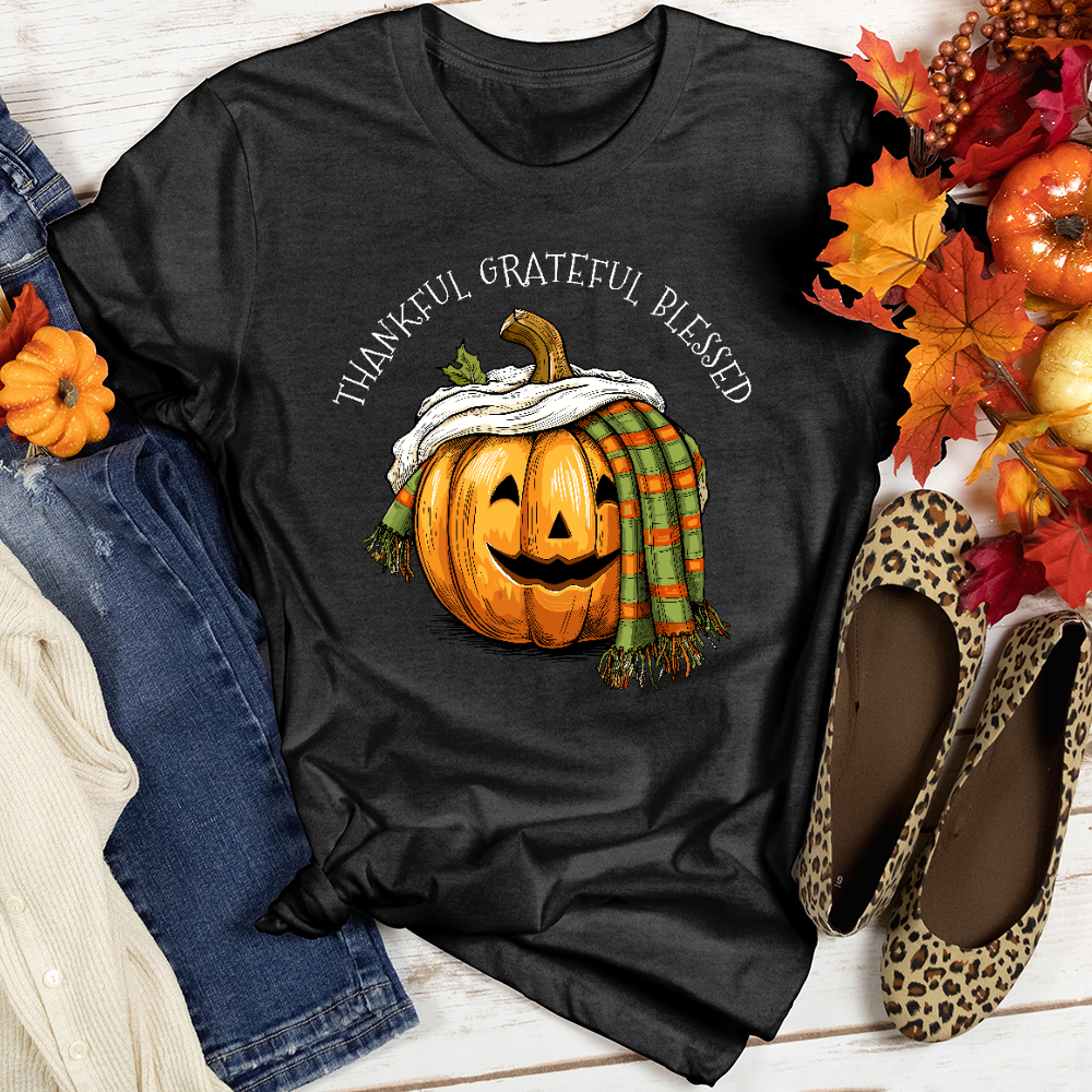 Thankful Grateful Blessed Happy Pumpkin Heathered Tee