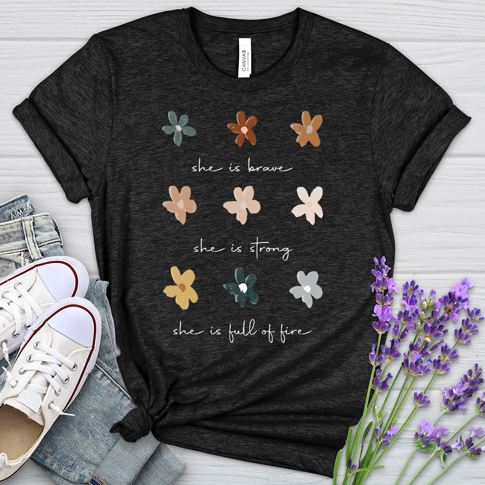 She Is Brave Flower Pattern Heathered Tee