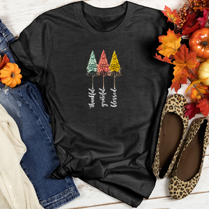 Retro Gratitude Trio Pine Trees Heathered Tee