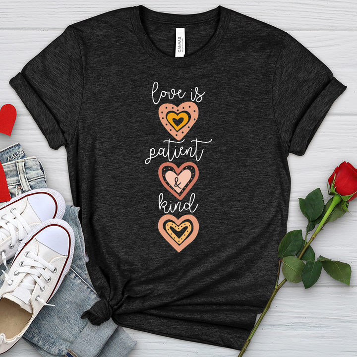 Love Is Patient Vertical Hearts Heathered Tee