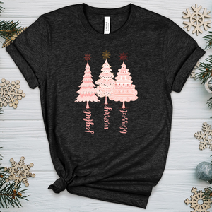 Vintage Snowflake Pink Tree Trio Heathered Tee