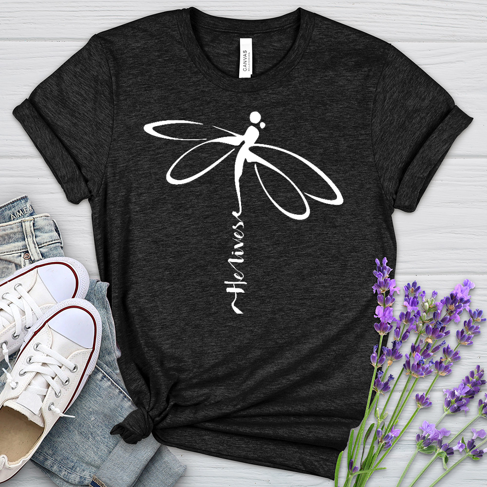 He Lives Dragonfly White Heathered Tee