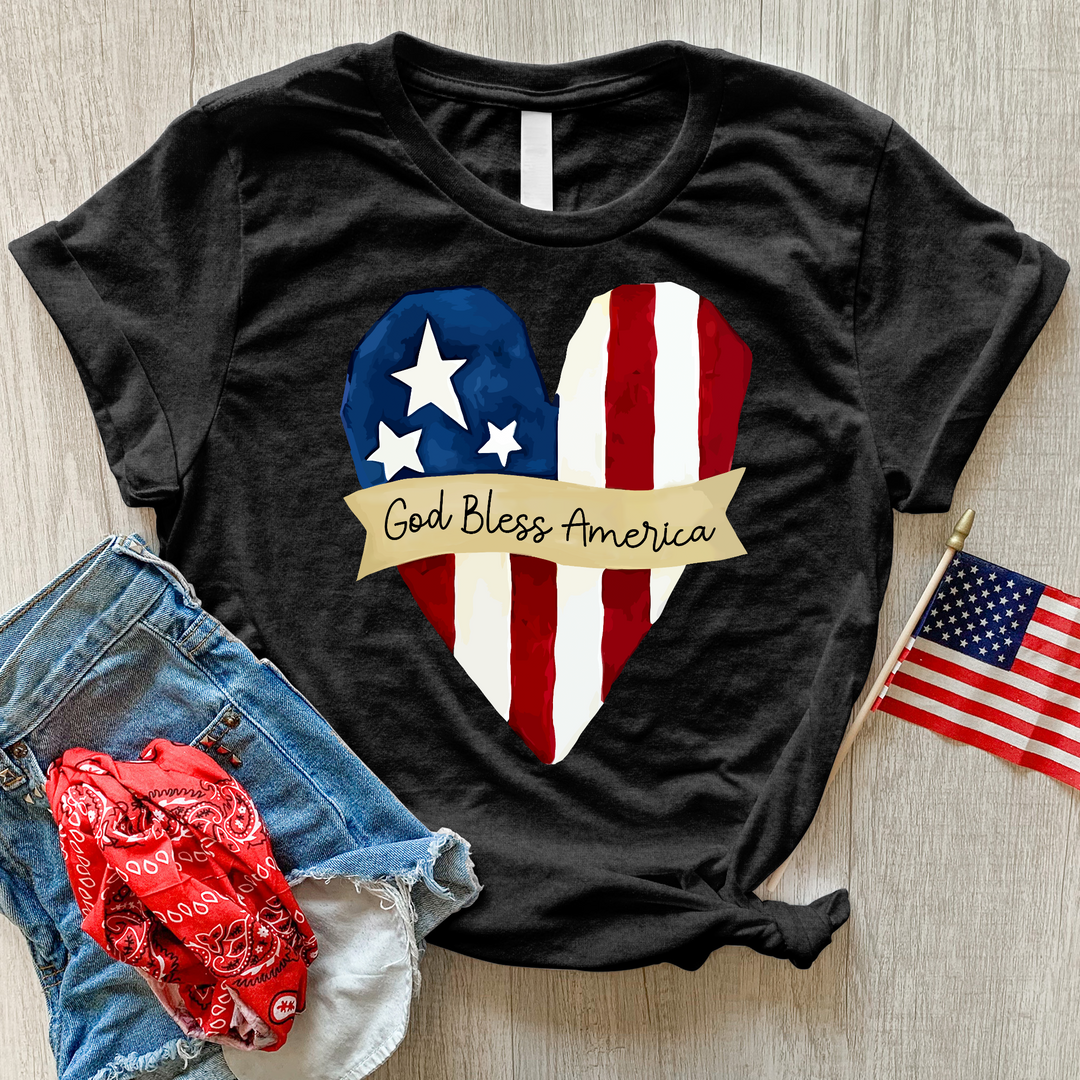 God Bless America Striped Heart Heathered Tee