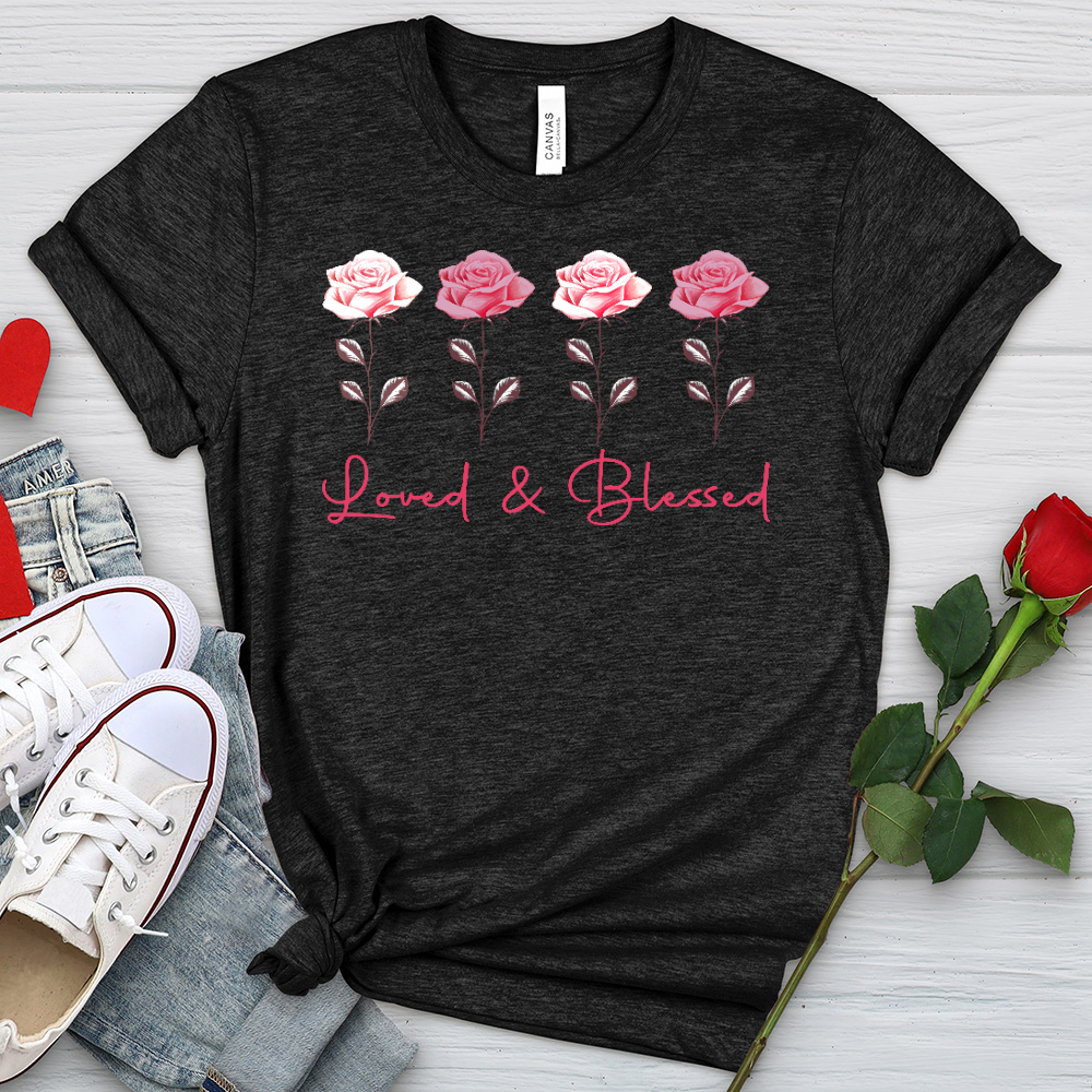 Loved & Blessed Pink Roses Heathered Tee