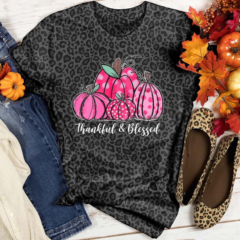 Thankful Blessed Pink Pumpkins Leopard Tee