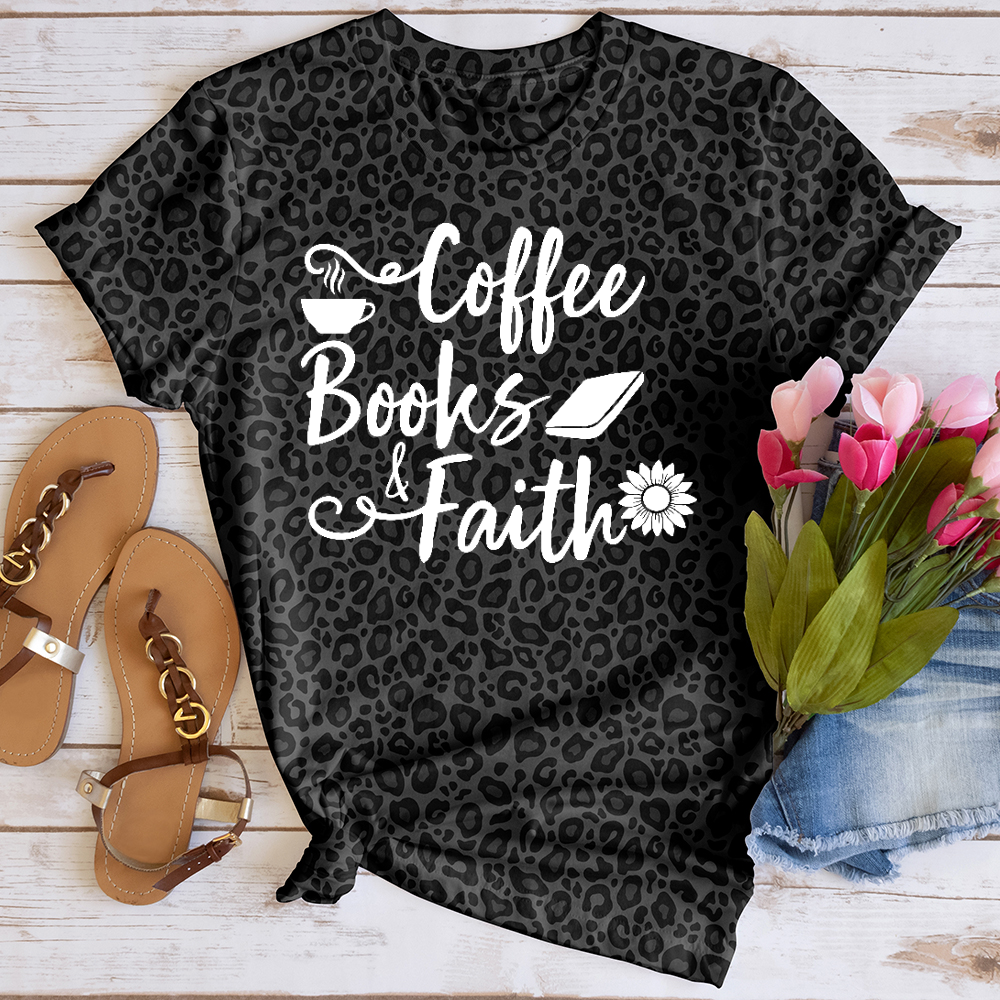 Coffee Books and Faith Leopard Tee