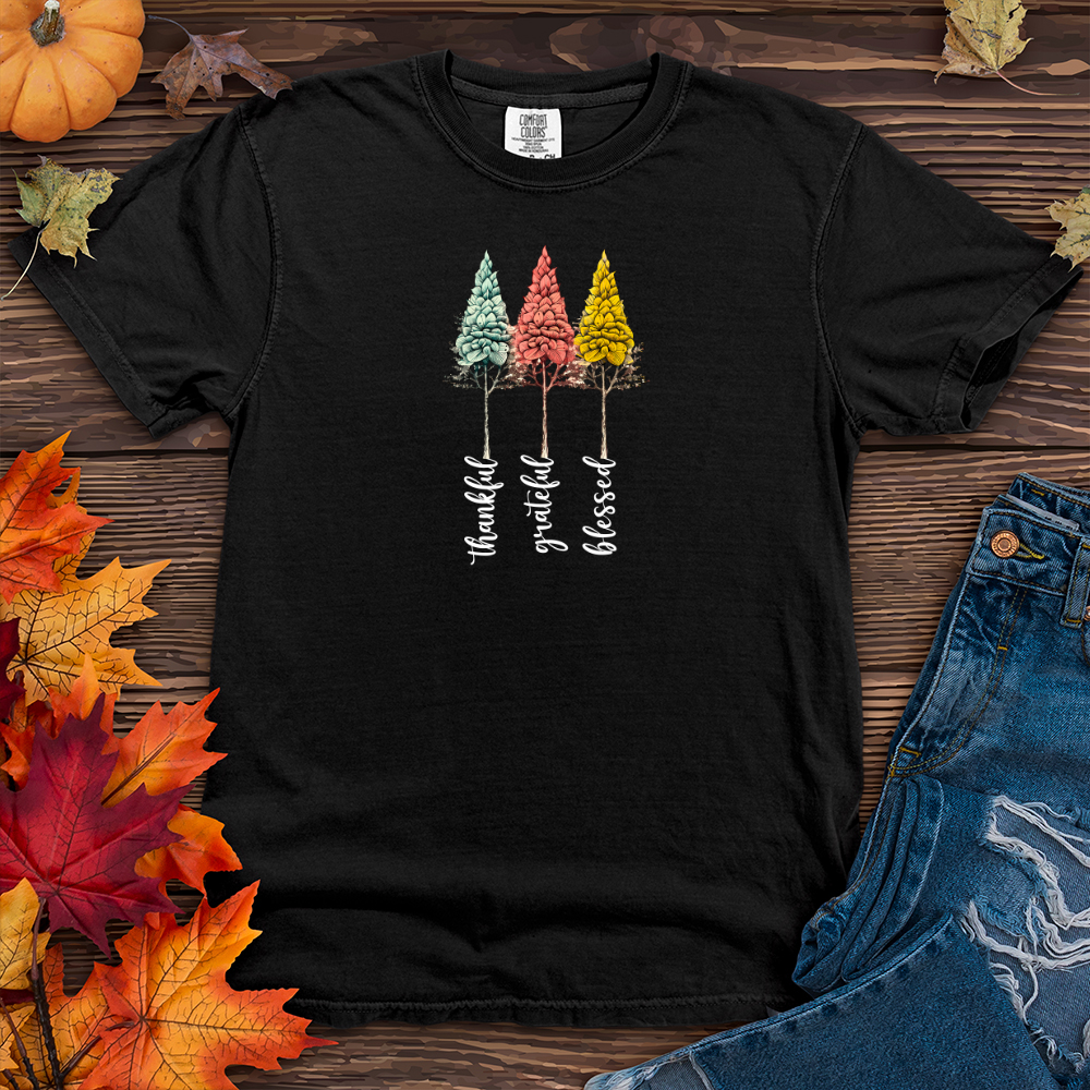 Retro Gratitude Trio Pine Trees Heavy Cotton Comfort Colors Tee