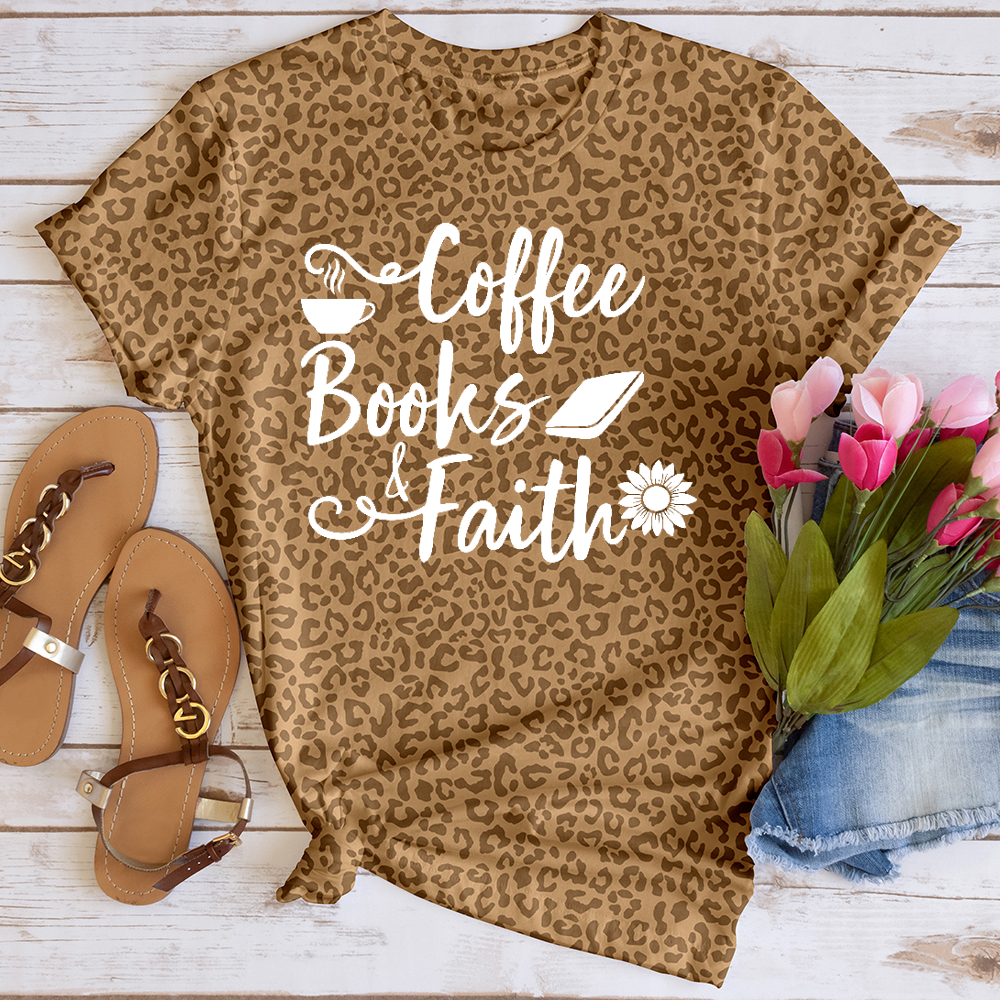 Coffee Books and Faith Leopard Tee